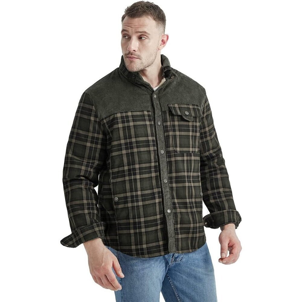 Men's Dark Green Long Sleeve Sherpa Lined Flannel Shirt Jacket Fleeces - Picture 2 of 7